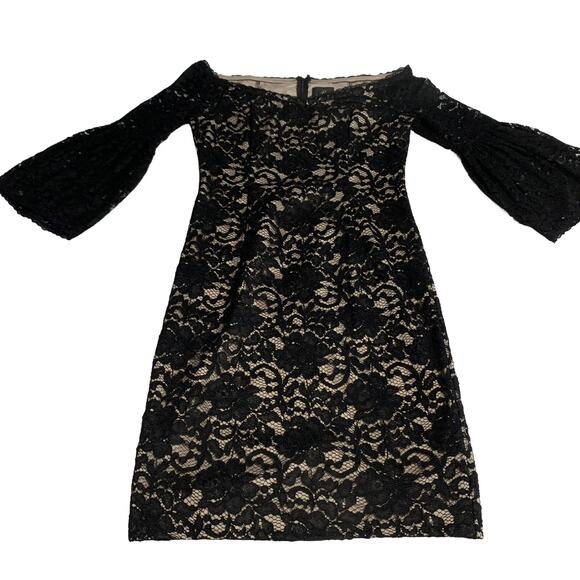 Adrianna Papell Black Lace Dress Bell Sleeve Feminine Holiday Party Evening - Picture 4 of 9